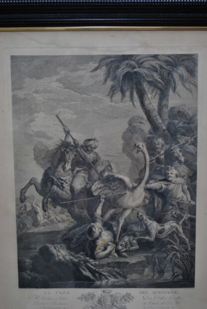 Grabado antiguo La caza del avestruz - Imagen 4