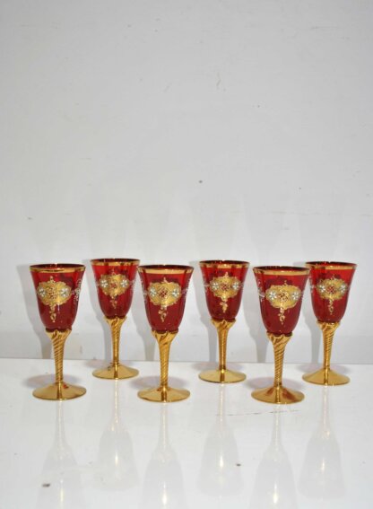Juego 6 copas cristal rojo y oro