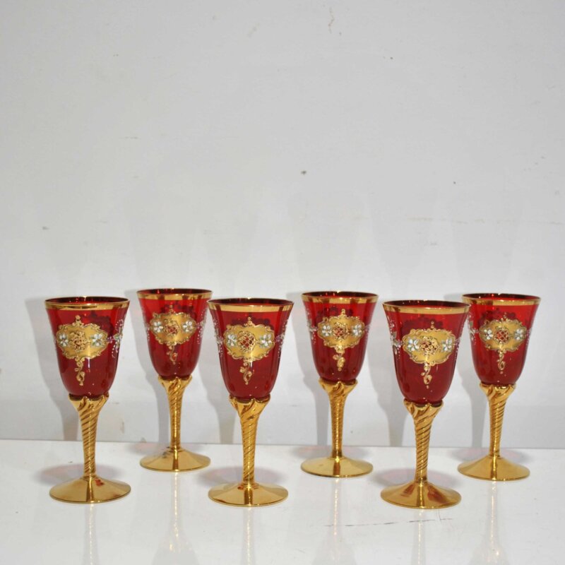 Juego 6 copas cristal rojo y oro