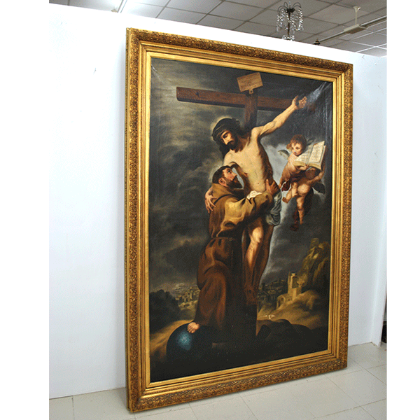Pintura óleo Cristo crucificado con San Francisco y ángel