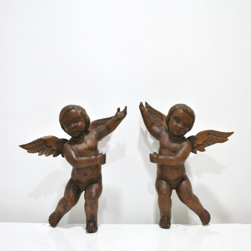 Pareja angelitos querubines madera tallada