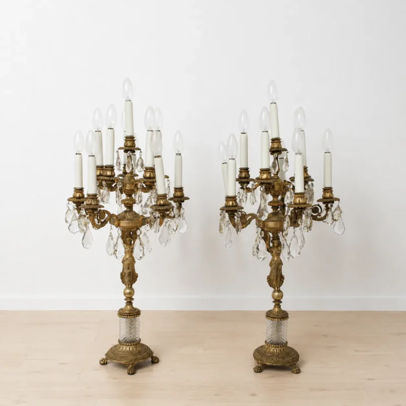 Gran pareja candelabros bronce y cristal Imperio