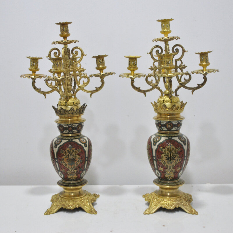 Pareja de candelabros bronce y cerámica