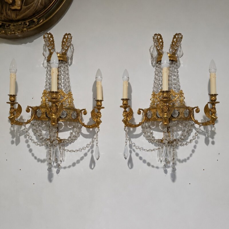 Candelabros pared Imperio bronce y cristal