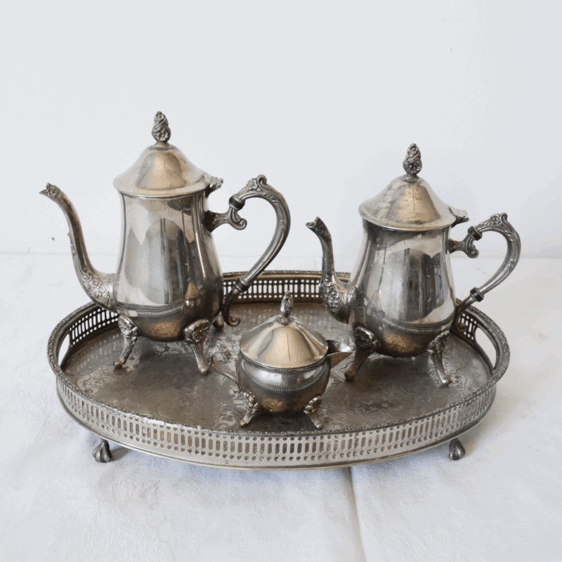 Juego de café y té antiguo en alpaca plateada