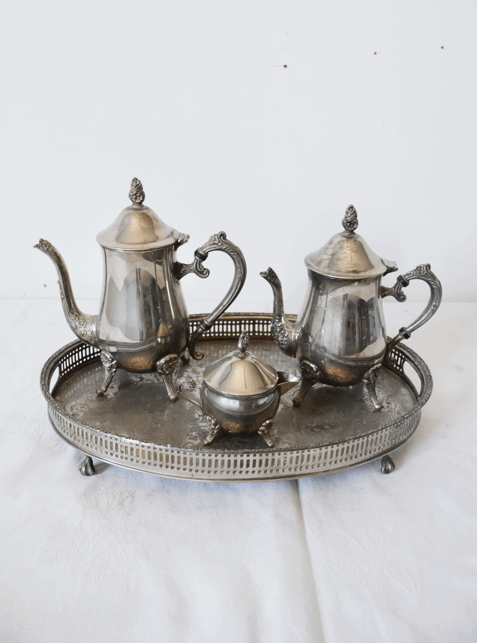 Juego de café y té antiguo en alpaca plateada