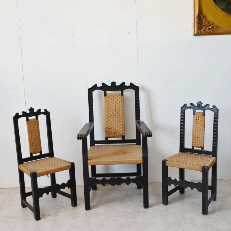 Conjunto sillón y 2 sillas asientos enea