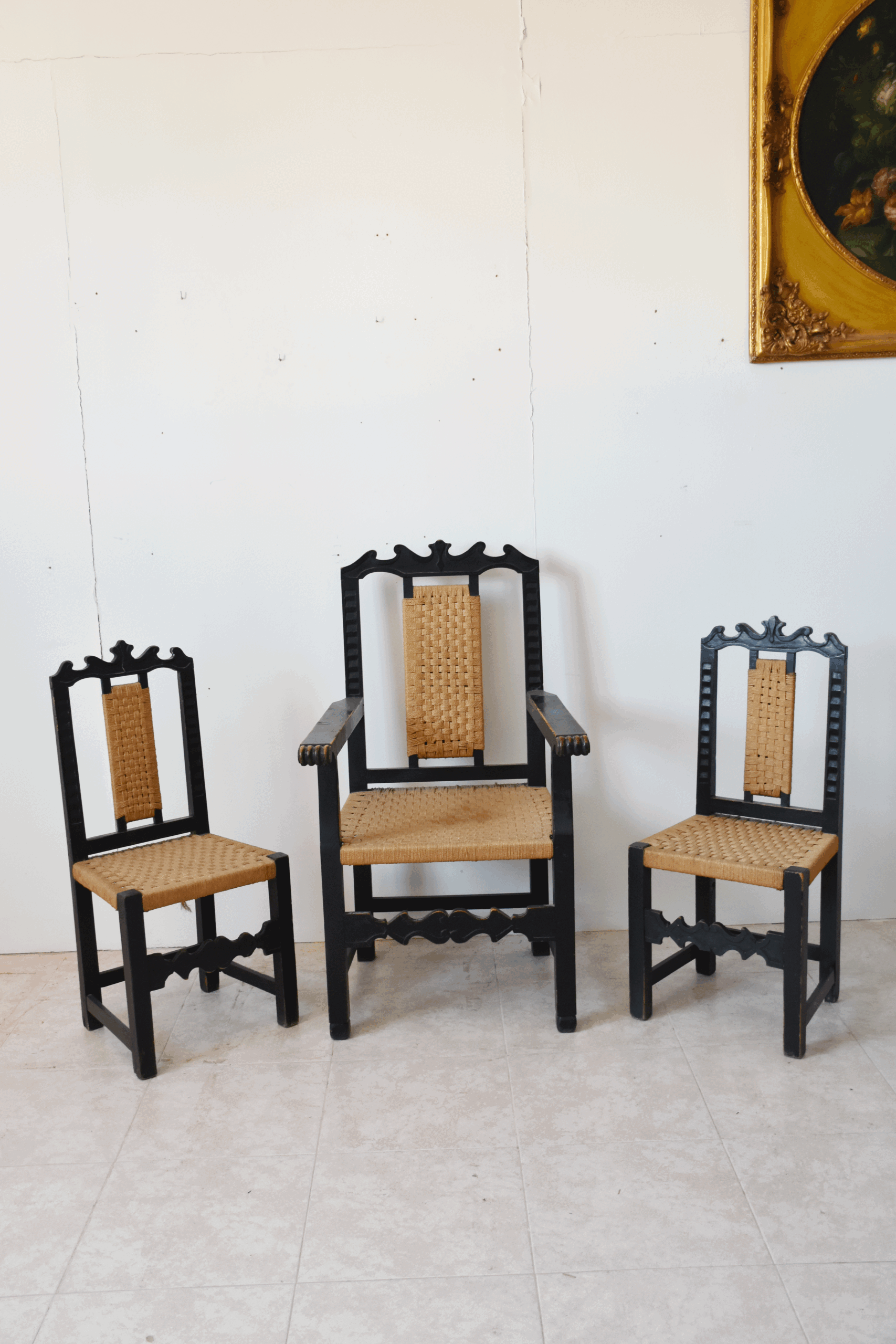 Conjunto sillón y 2 sillas asientos enea