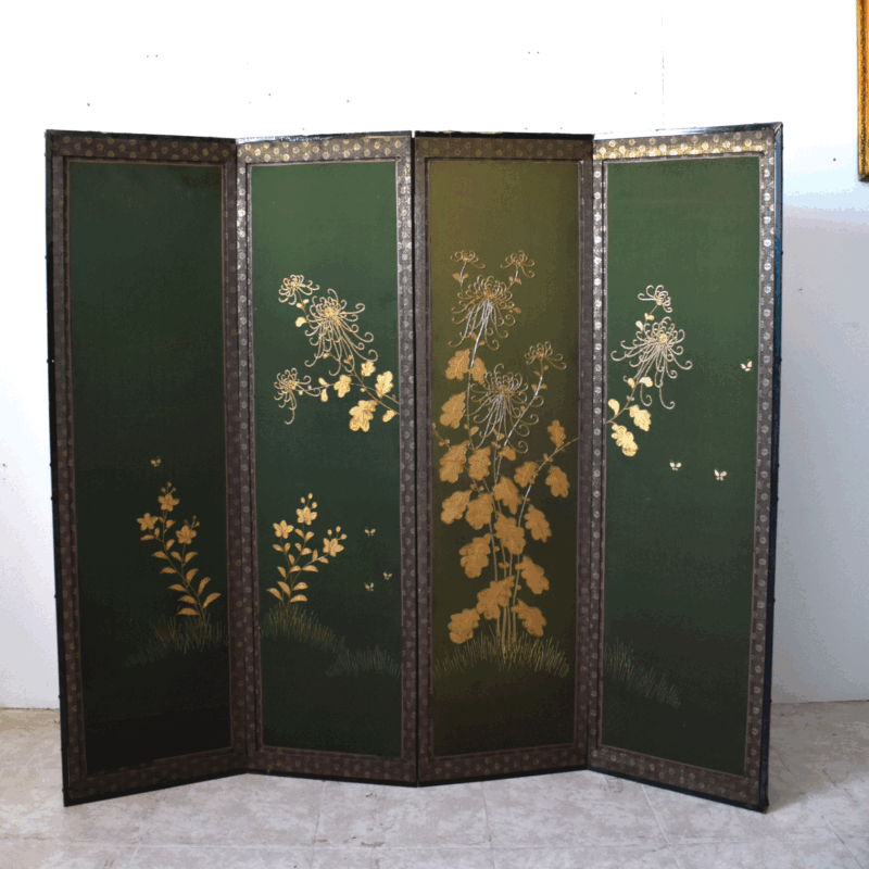 Biombo oriental tela verde con hojas doradas