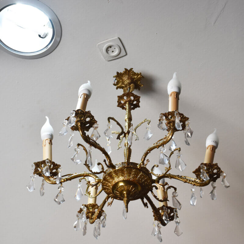 Lámpara 6 luces bronce y lágrimas cristal