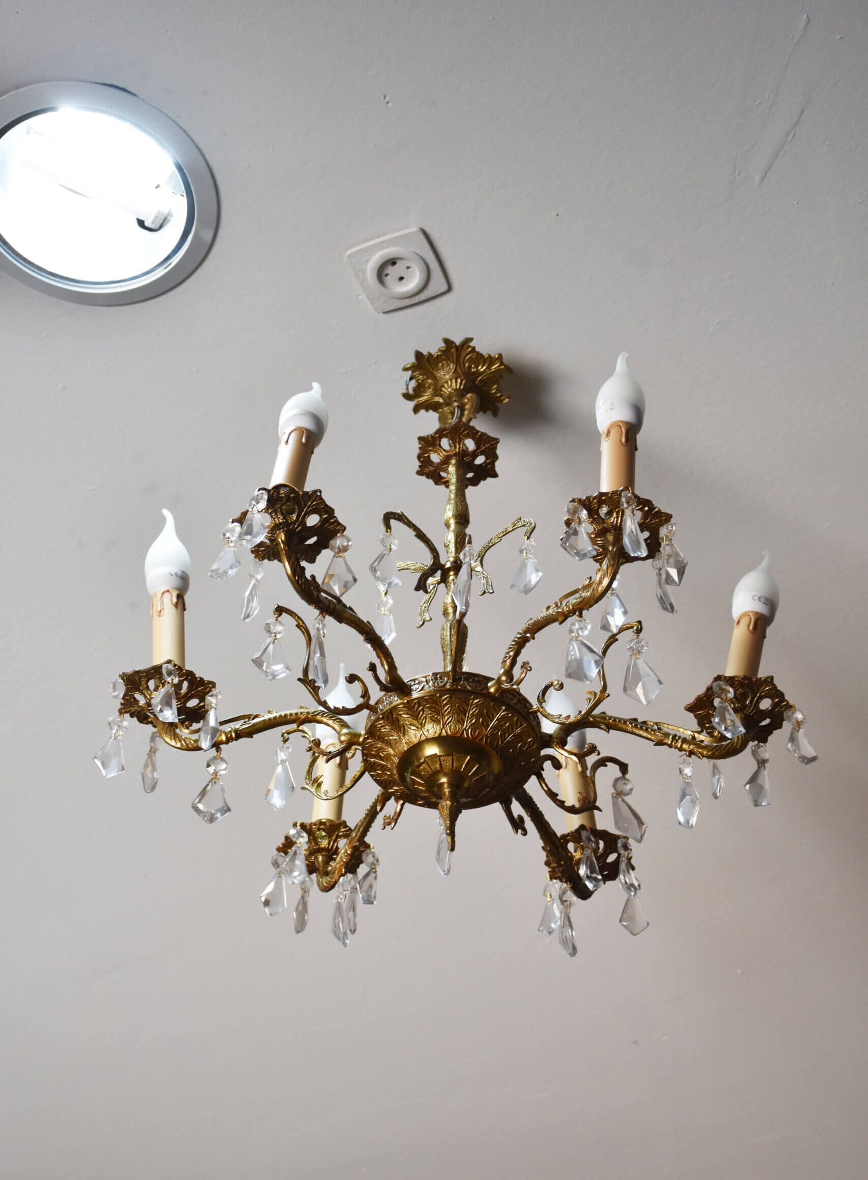 Lámpara 6 luces bronce y lágrimas cristal