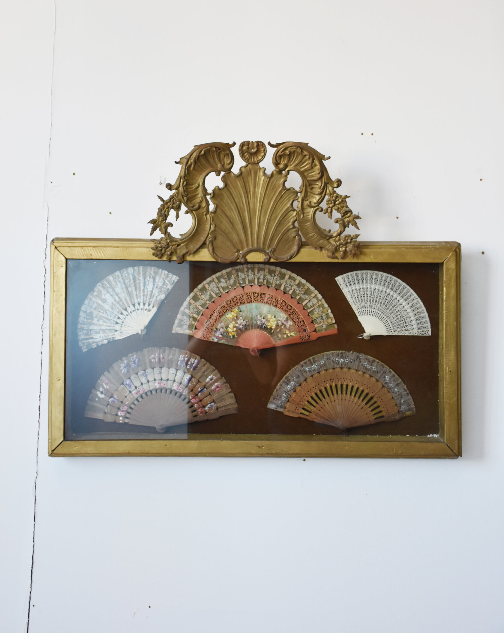 Colección de 5 abanicos antiguos en vitrina dorada