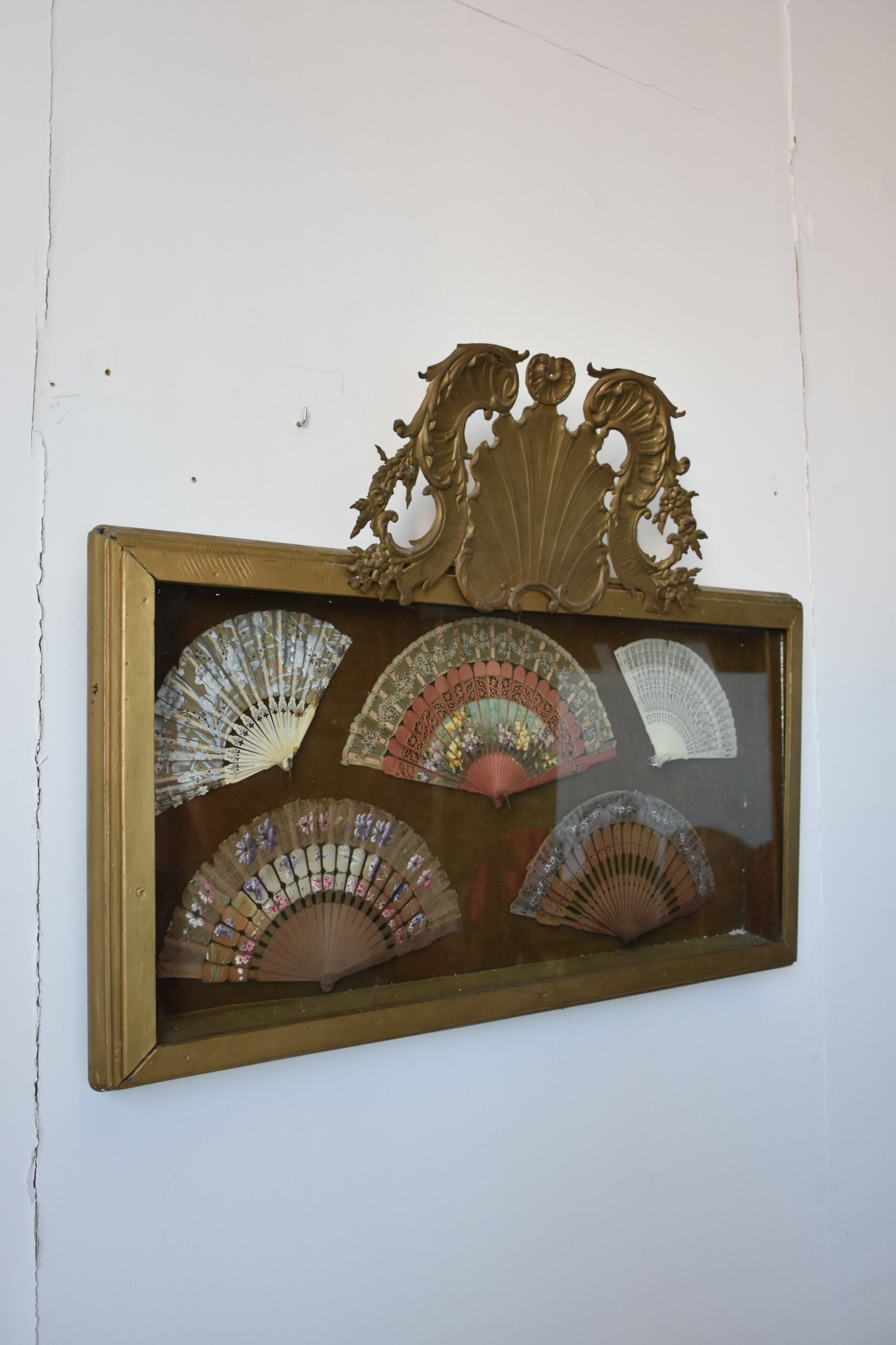 Colección de 5 abanicos antiguos en vitrina dorada - Imagen 3
