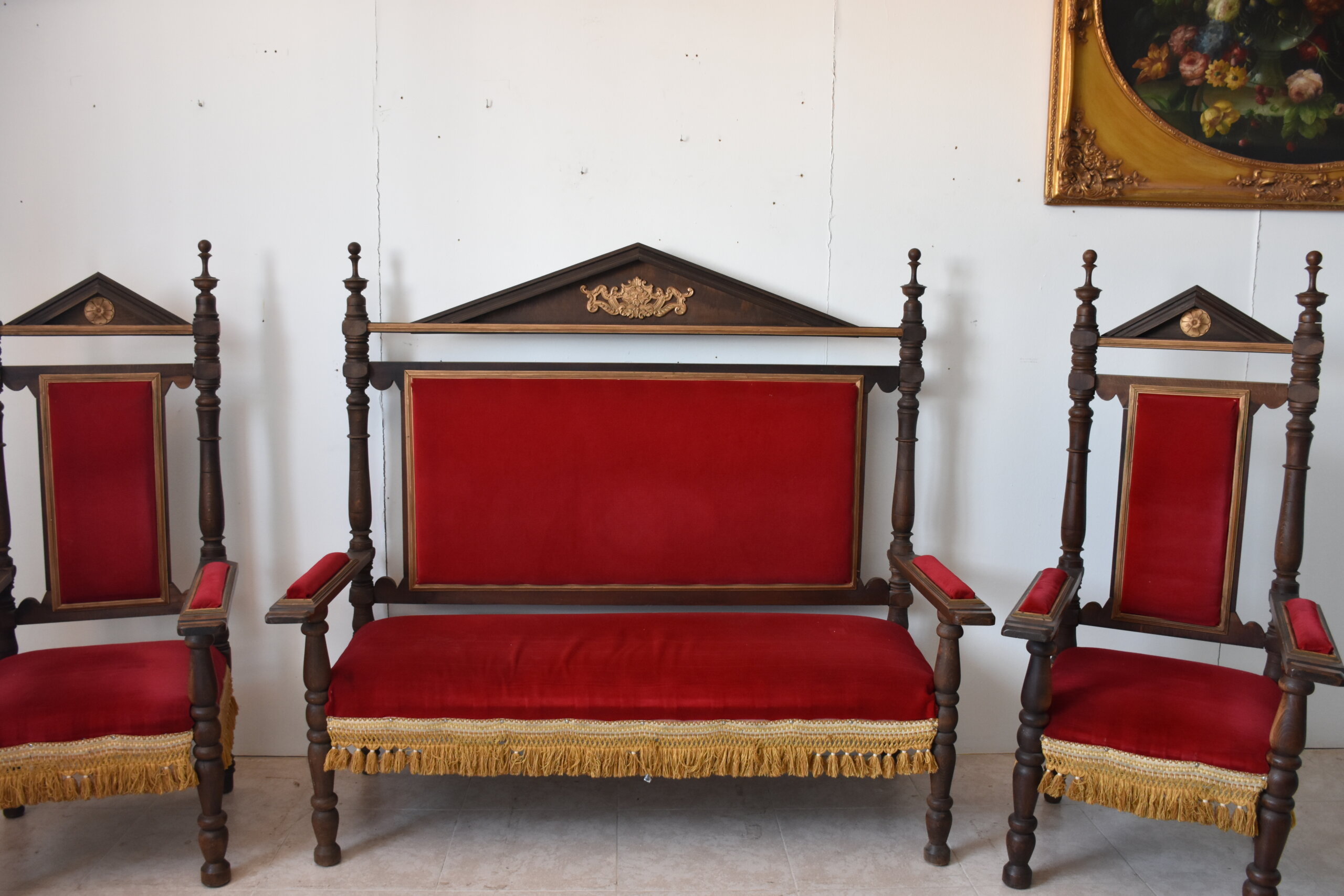 Conjunto tresillo antiguo terciopelo rojo - Imagen 6