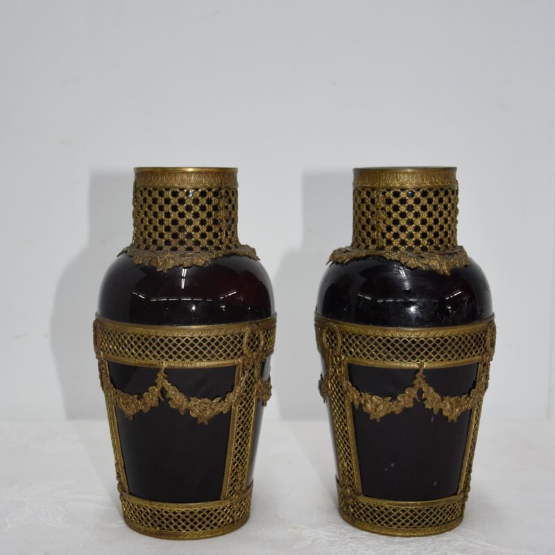 Pareja de jarrones cristal granate y bronce Napoleón